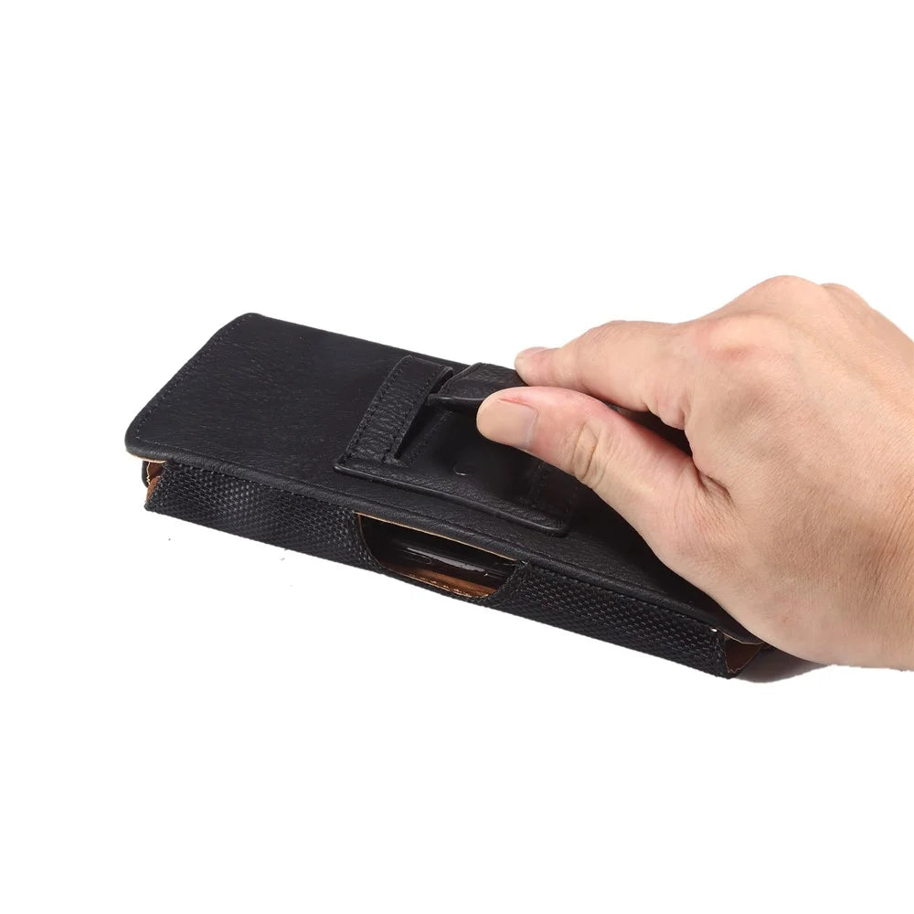 Cowhide Texture PU Leather+Nylon Phone Belt Bag for 6.7-6.9" Cell Phone Horizontal Splicing Waist Pouch - Black - 7
