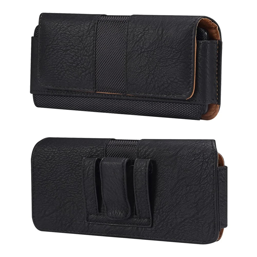 Horizontal Splicing Phone Belt Bag Cowhide Texture PU Leather+Nylon Waist Pouch for 6.2-6.5" Cell Phones - Black - 1