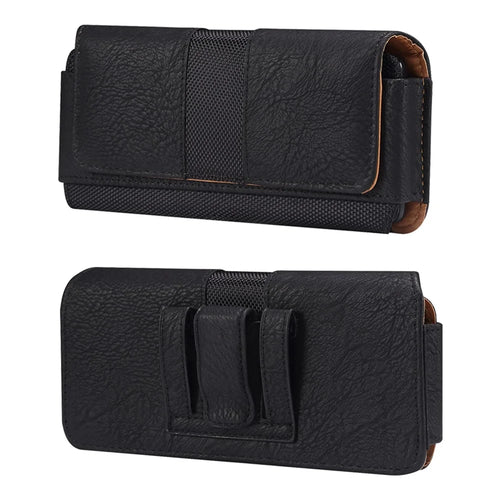 Horizontal Splicing Phone Belt Bag Cowhide Texture PU Leather+Nylon Waist Pouch for 6.2-6.5" Cell Phones - Black - 1