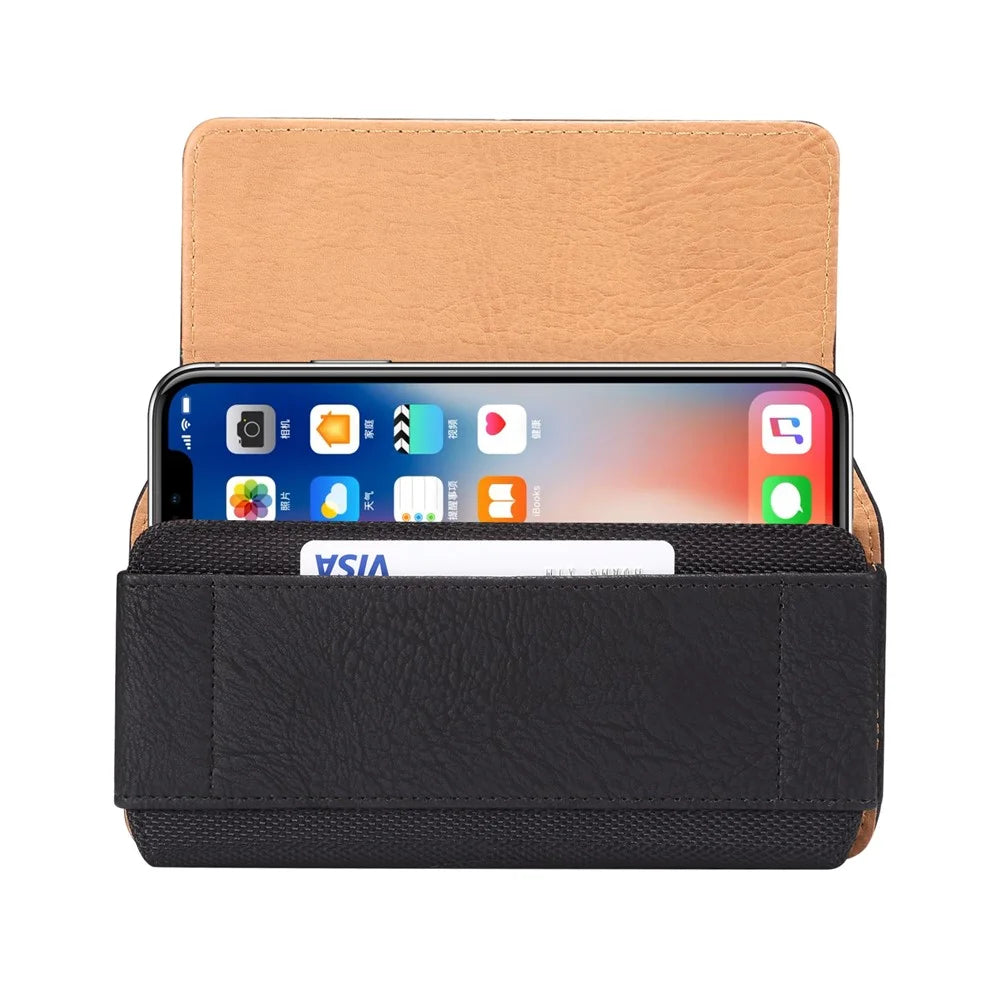 Horizontal Splicing Phone Belt Bag Cowhide Texture PU Leather+Nylon Waist Pouch for 6.2-6.5" Cell Phones - Black - 3