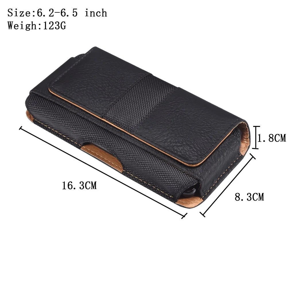 Horizontal Splicing Phone Belt Bag Cowhide Texture PU Leather+Nylon Waist Pouch for 6.2-6.5" Cell Phones - Black - 6