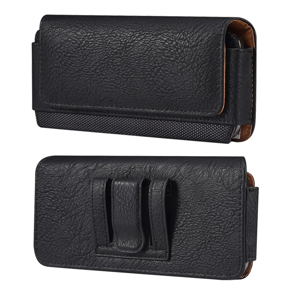 Cowhide Texture PU Leather+Nylon Waist Bag for 6.7-6.9" Smartphone Horizontal Belt Phone Pouch - Black - 1