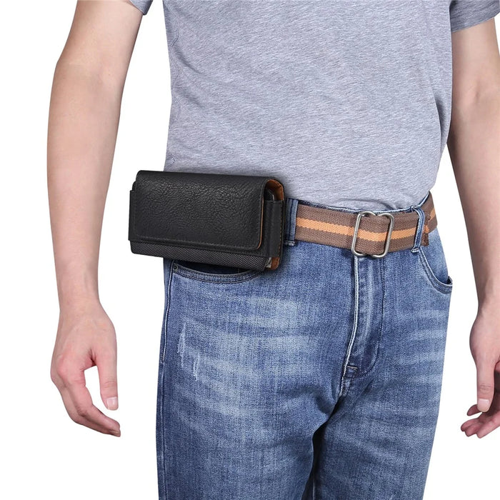 Cowhide Texture PU Leather+Nylon Waist Bag for 6.7-6.9" Smartphone Horizontal Belt Phone Pouch - Black - 2