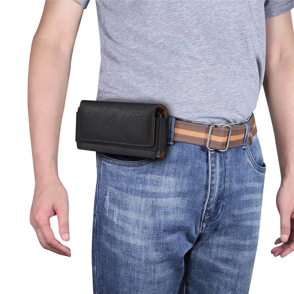 Cowhide Texture PU Leather+Nylon Waist Bag Anti-Scratch Horizontal Belt Phone Pouch for 6.2-6.5" Smartphone - Black - 2