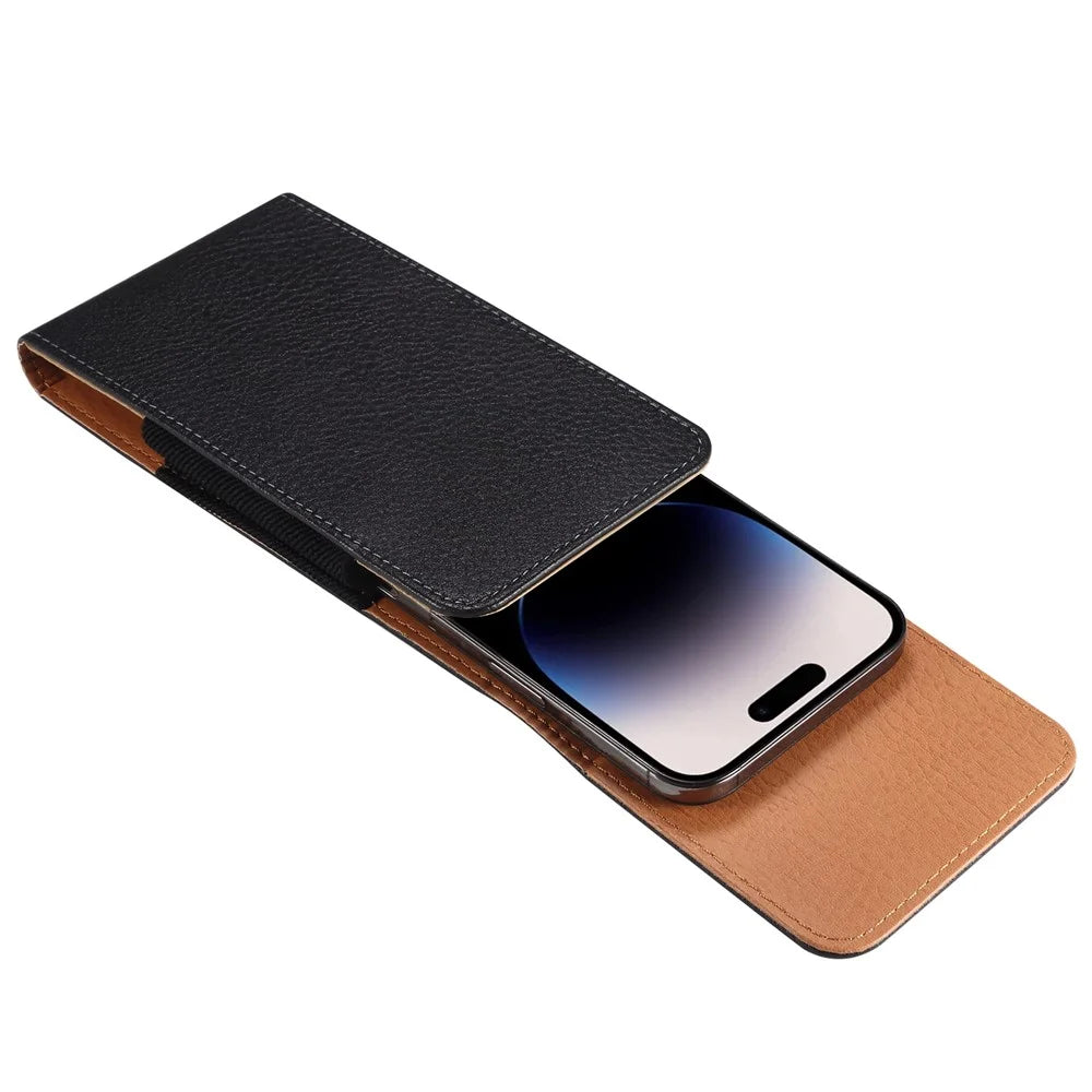 Vertical Waist Phone Pouch for 6.7-6.9" Litchi Texture PU Leather Mobile Phones Belt Bag with Back Buckle - 6