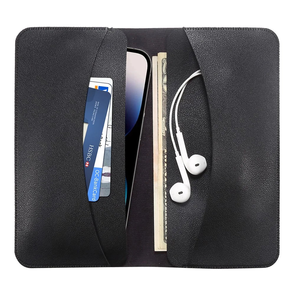 Phone Case for 5.5''-6.5'' Phone Nappa Texture Microfiber Leather Clutch Money Pouch Wallet Double Compartment Cards Holder, Size: L - Black - 2