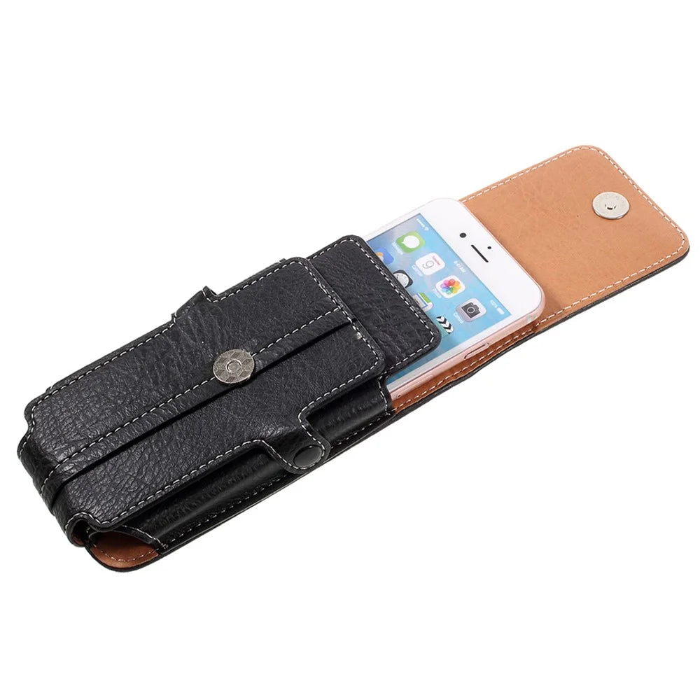 Outdoor Card Holder Leather Pouch for Galaxy S5/iPhone 6s 7, Size: 150x73x15mm - Black - 1