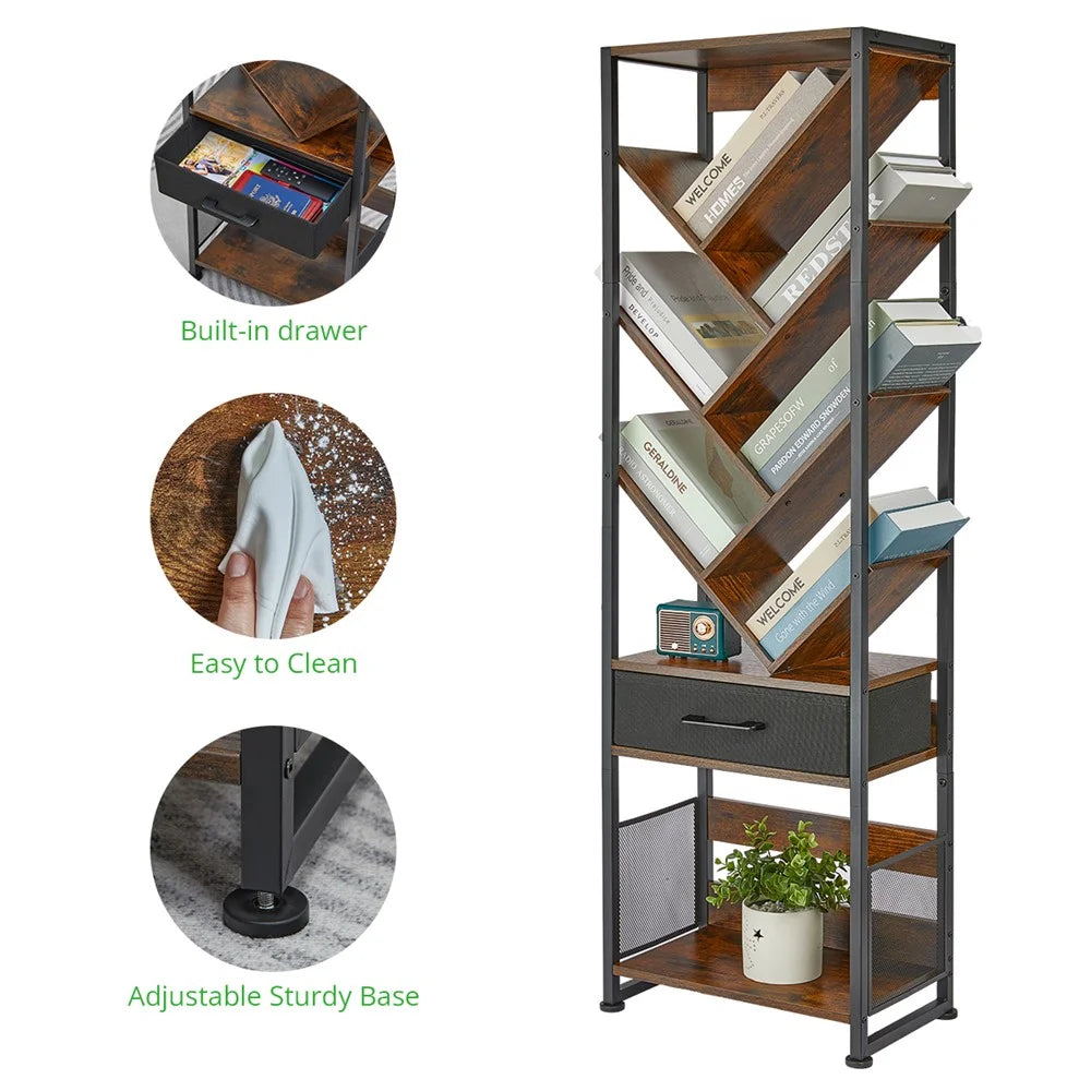 DULCII SC 956B 10-Tier Bookshelf, 38x22.8x127cm - Rustic Brown - 3