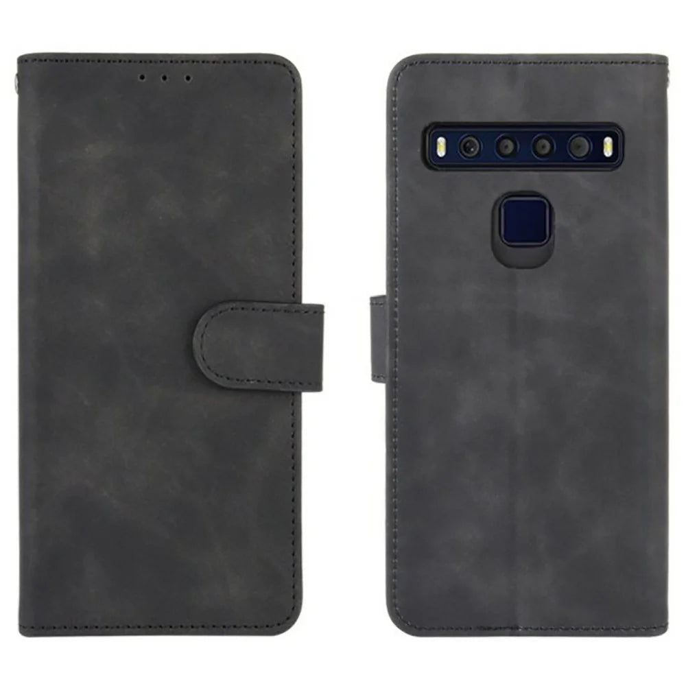 Skin-Touch Wallet Folio Flip Leather Stand Phone Case for TCL 10L - Black - 1