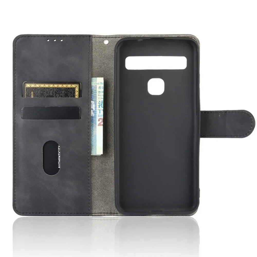 Skin-Touch Wallet Folio Flip Leather Stand Phone Case for TCL 10L - Black - 6