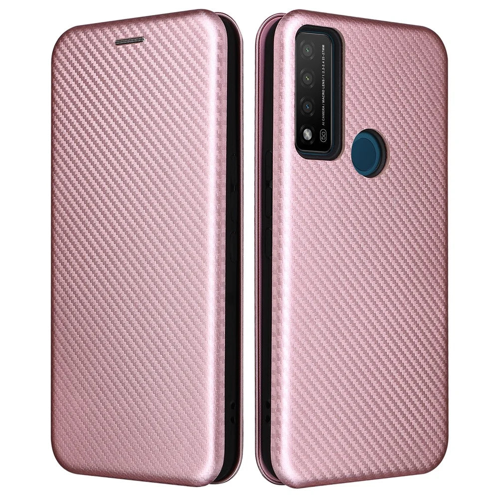 Stand Function Carbon Fiber Texture PU Leather Auto Magnetic Closed Case with Card Slot for TCL 20 R 5G / 20AX - Rose Gold - 1