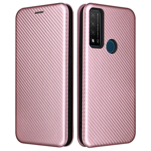 Stand Function Carbon Fiber Texture PU Leather Auto Magnetic Closed Case with Card Slot for TCL 20 R 5G / 20AX - Rose Gold - 1