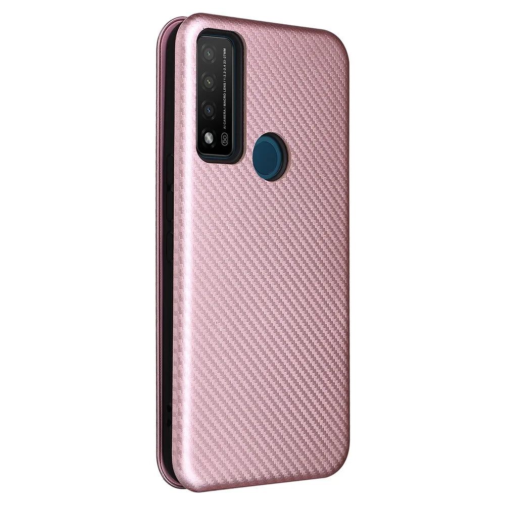 Stand Function Carbon Fiber Texture PU Leather Auto Magnetic Closed Case with Card Slot for TCL 20 R 5G / 20AX - Rose Gold - 3
