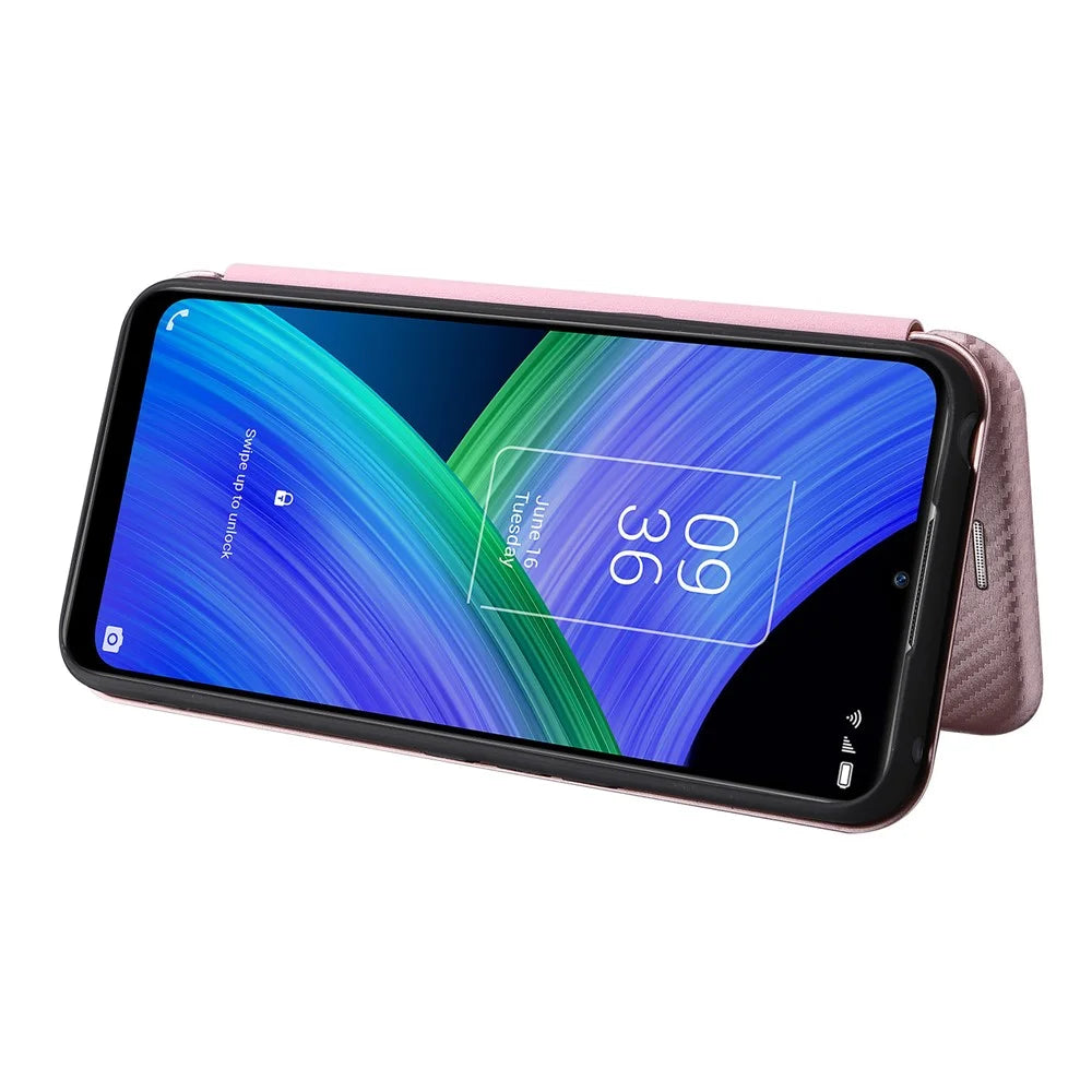 Stand Function Carbon Fiber Texture PU Leather Auto Magnetic Closed Case with Card Slot for TCL 20 R 5G / 20AX - Rose Gold - 4