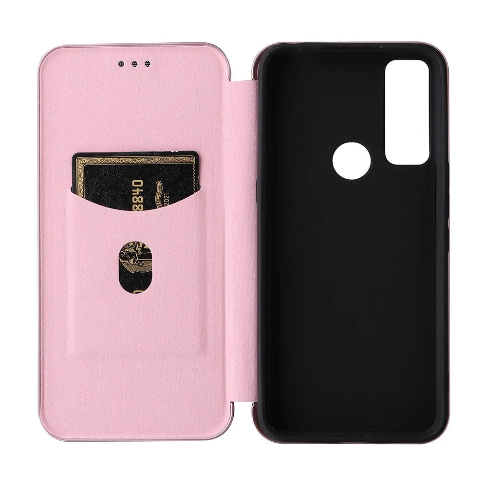 Stand Function Carbon Fiber Texture PU Leather Auto Magnetic Closed Case with Card Slot for TCL 20 R 5G / 20AX - Rose Gold - 5