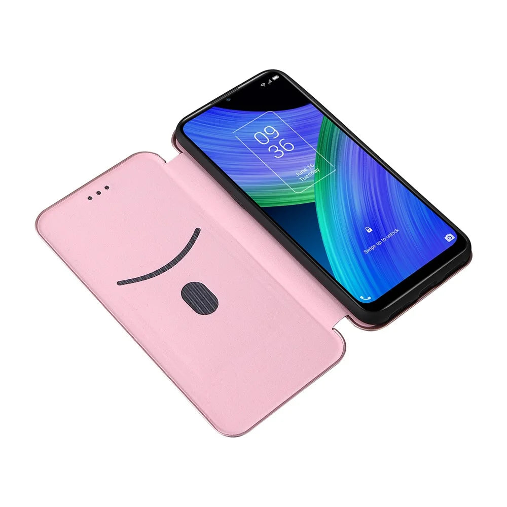 Stand Function Carbon Fiber Texture PU Leather Auto Magnetic Closed Case with Card Slot for TCL 20 R 5G / 20AX - Rose Gold - 6