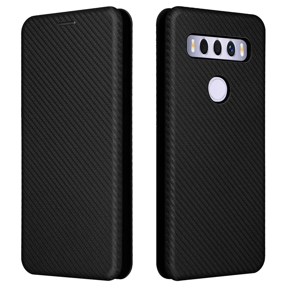 Carbon Fiber Texture Auto-absorbed Magnetic Leather Stand Phone Case Shell with Card Slot for TCL 10 SE - Black - 1