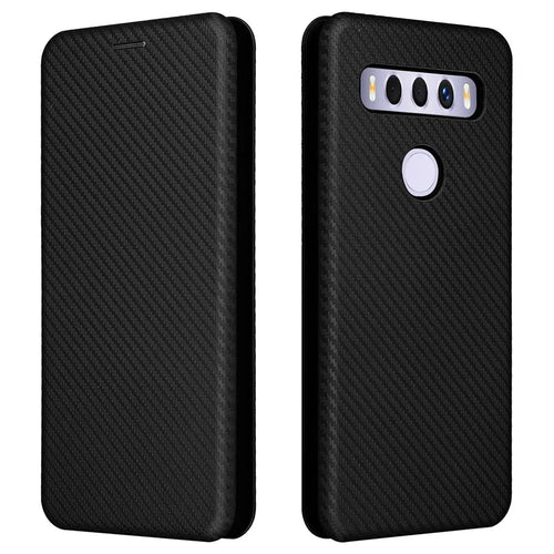Carbon Fiber Texture Auto-absorbed Magnetic Leather Stand Phone Case Shell with Card Slot for TCL 10 SE - Black - 1