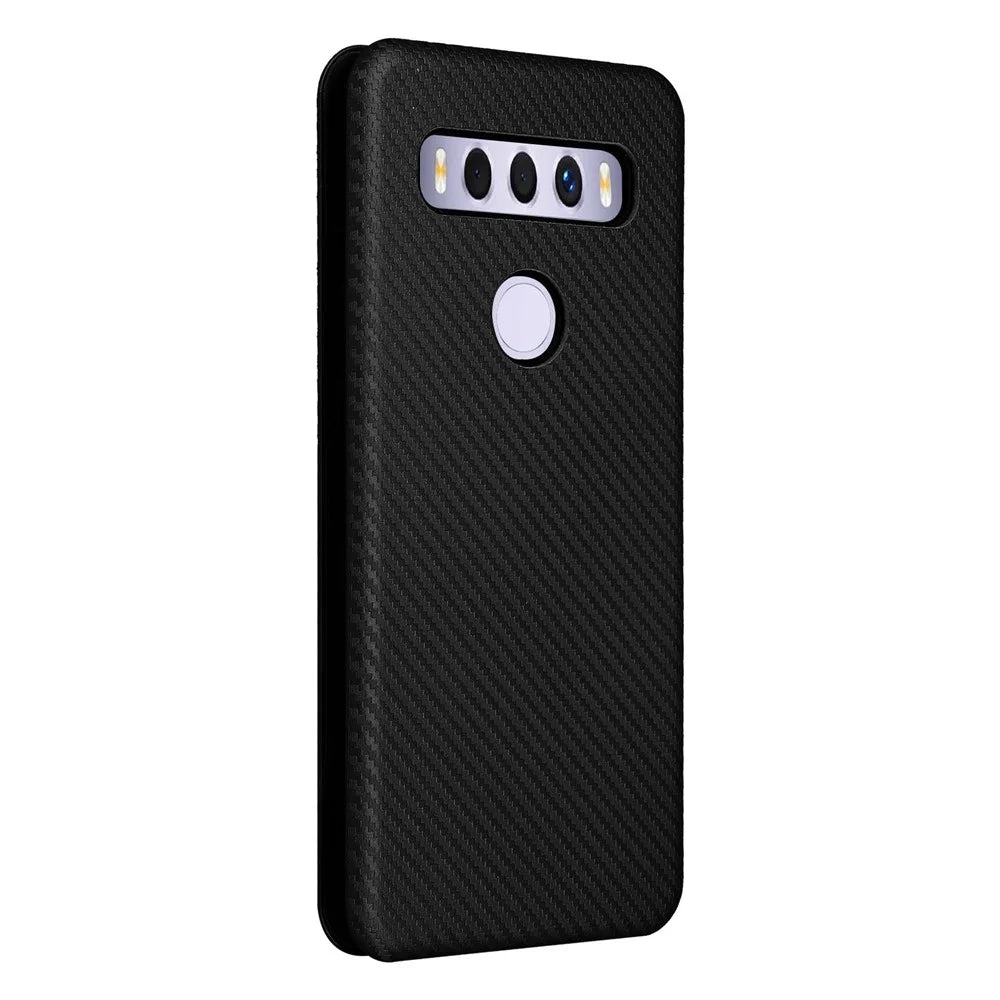 Carbon Fiber Texture Auto-absorbed Magnetic Leather Stand Phone Case Shell with Card Slot for TCL 10 SE - Black - 3