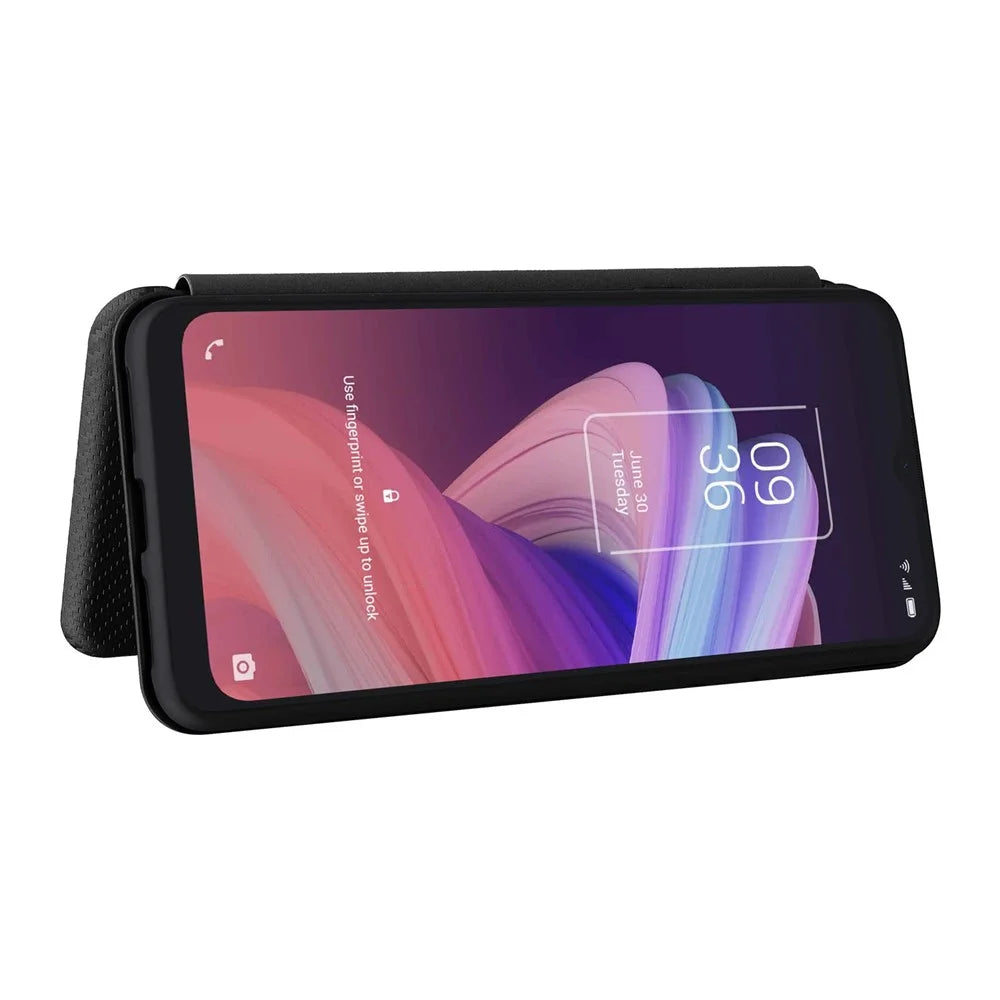 Carbon Fiber Texture Auto-absorbed Magnetic Leather Stand Phone Case Shell with Card Slot for TCL 10 SE - Black - 4