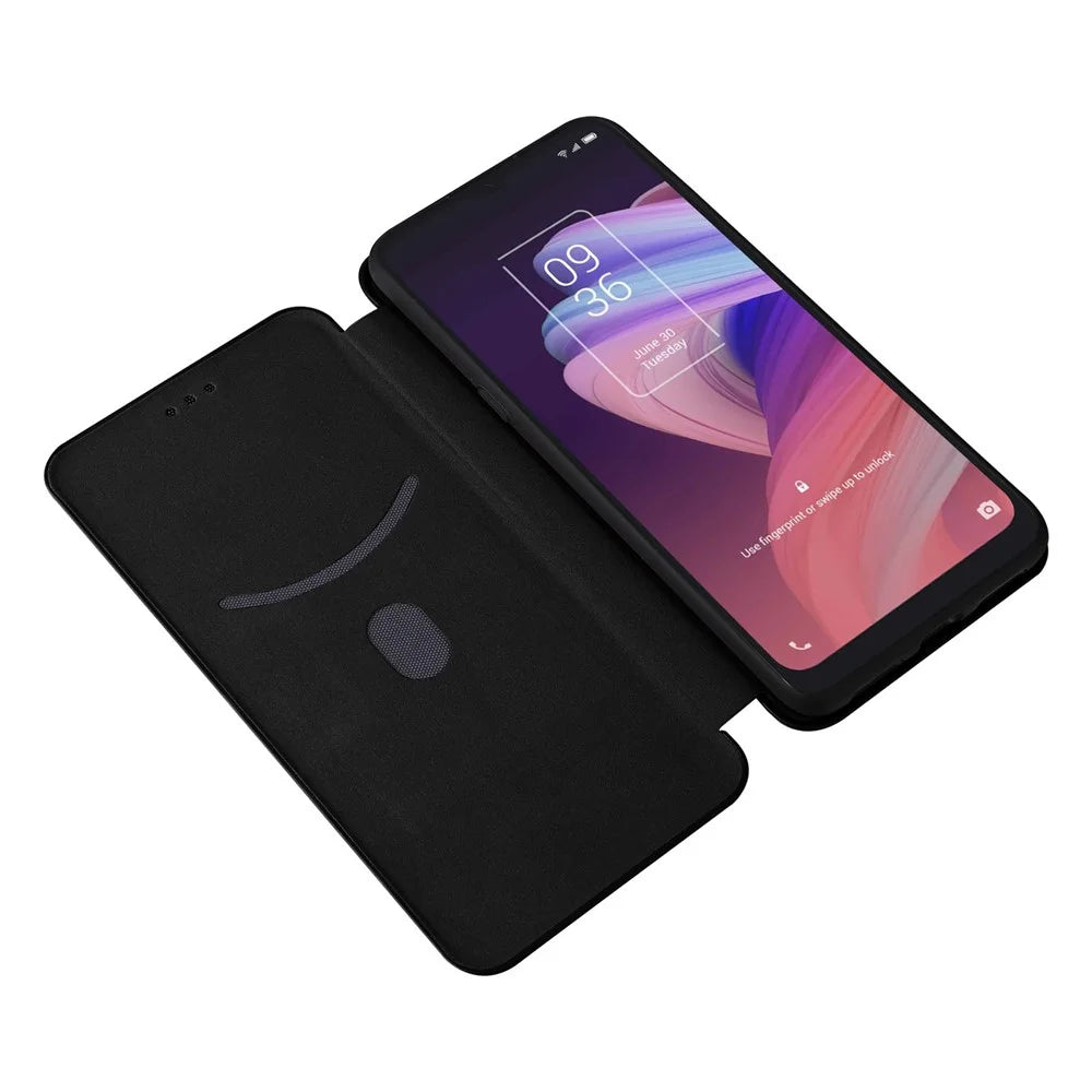 Carbon Fiber Texture Auto-absorbed Magnetic Leather Stand Phone Case Shell with Card Slot for TCL 10 SE - Black - 5