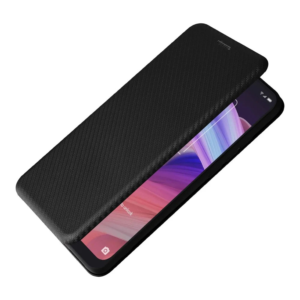 Carbon Fiber Texture Auto-absorbed Magnetic Leather Stand Phone Case Shell with Card Slot for TCL 10 SE - Black - 6