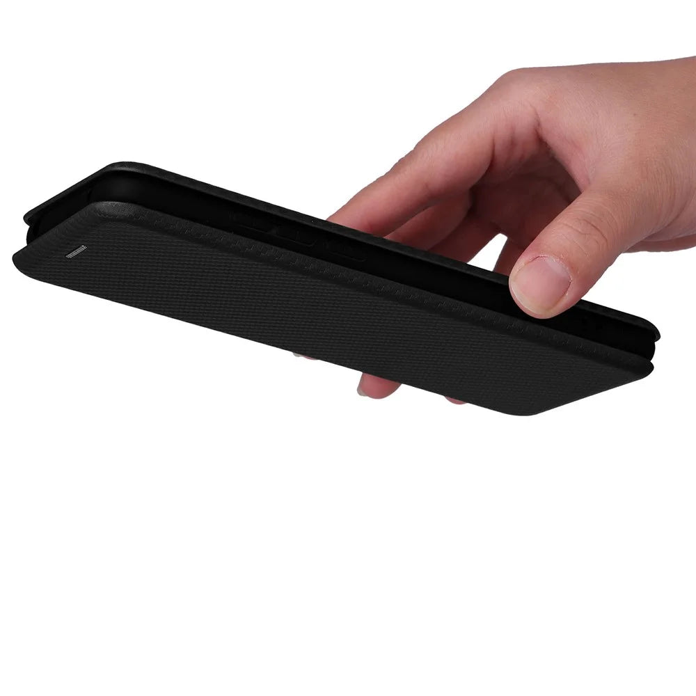 Carbon Fiber Texture Auto-absorbed Magnetic Leather Stand Phone Case Shell with Card Slot for TCL 10 SE - Black - 7