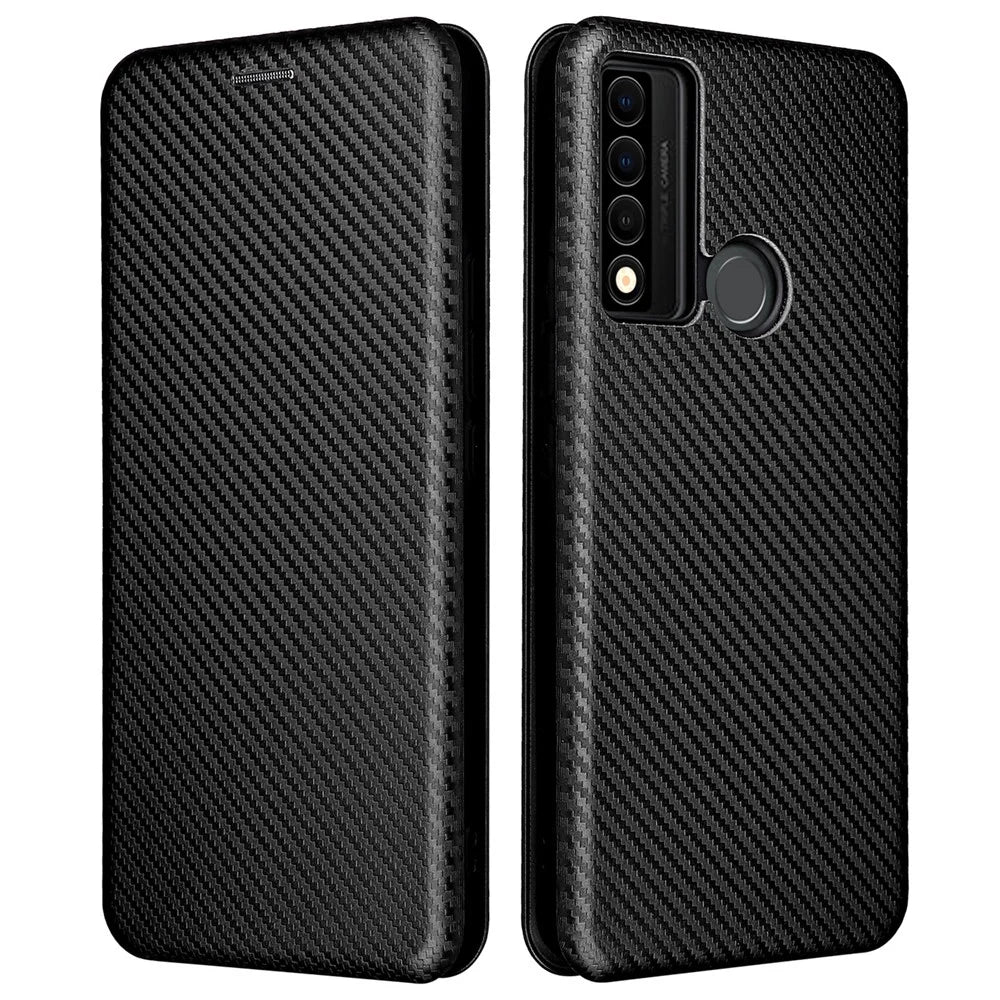 Special Carbon Fiber Texture Card Holder Phone Case Foldable Stand PU Leather Cover for TCL 20 XE - Black - 1