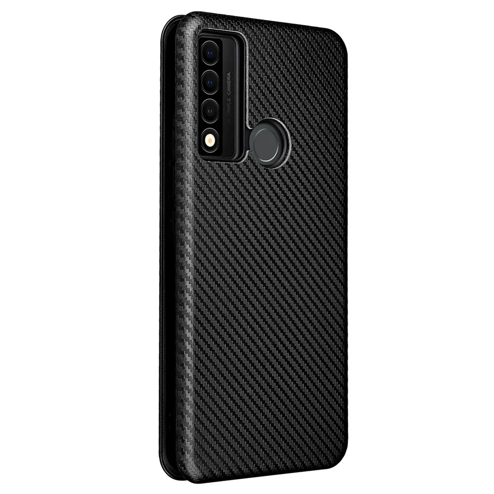 Special Carbon Fiber Texture Card Holder Phone Case Foldable Stand PU Leather Cover for TCL 20 XE - Black - 3