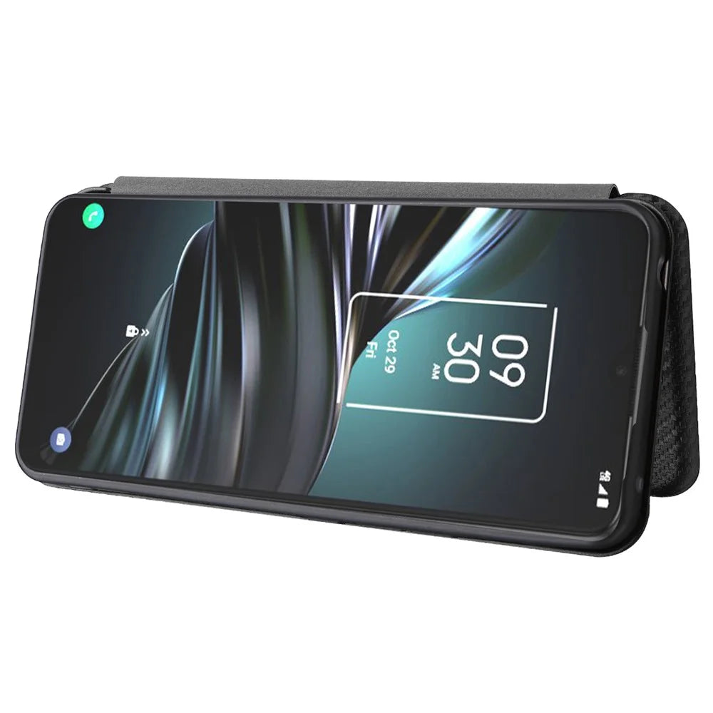 Special Carbon Fiber Texture Card Holder Phone Case Foldable Stand PU Leather Cover for TCL 20 XE - Black - 4