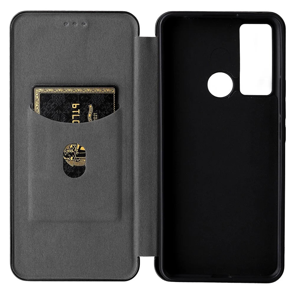 Special Carbon Fiber Texture Card Holder Phone Case Foldable Stand PU Leather Cover for TCL 20 XE - Black - 5
