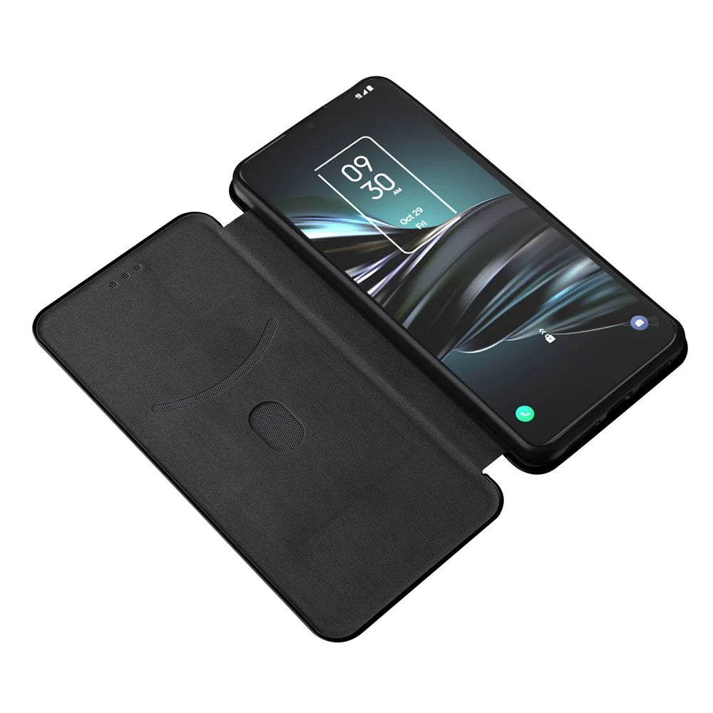 Special Carbon Fiber Texture Card Holder Phone Case Foldable Stand PU Leather Cover for TCL 20 XE - Black - 6