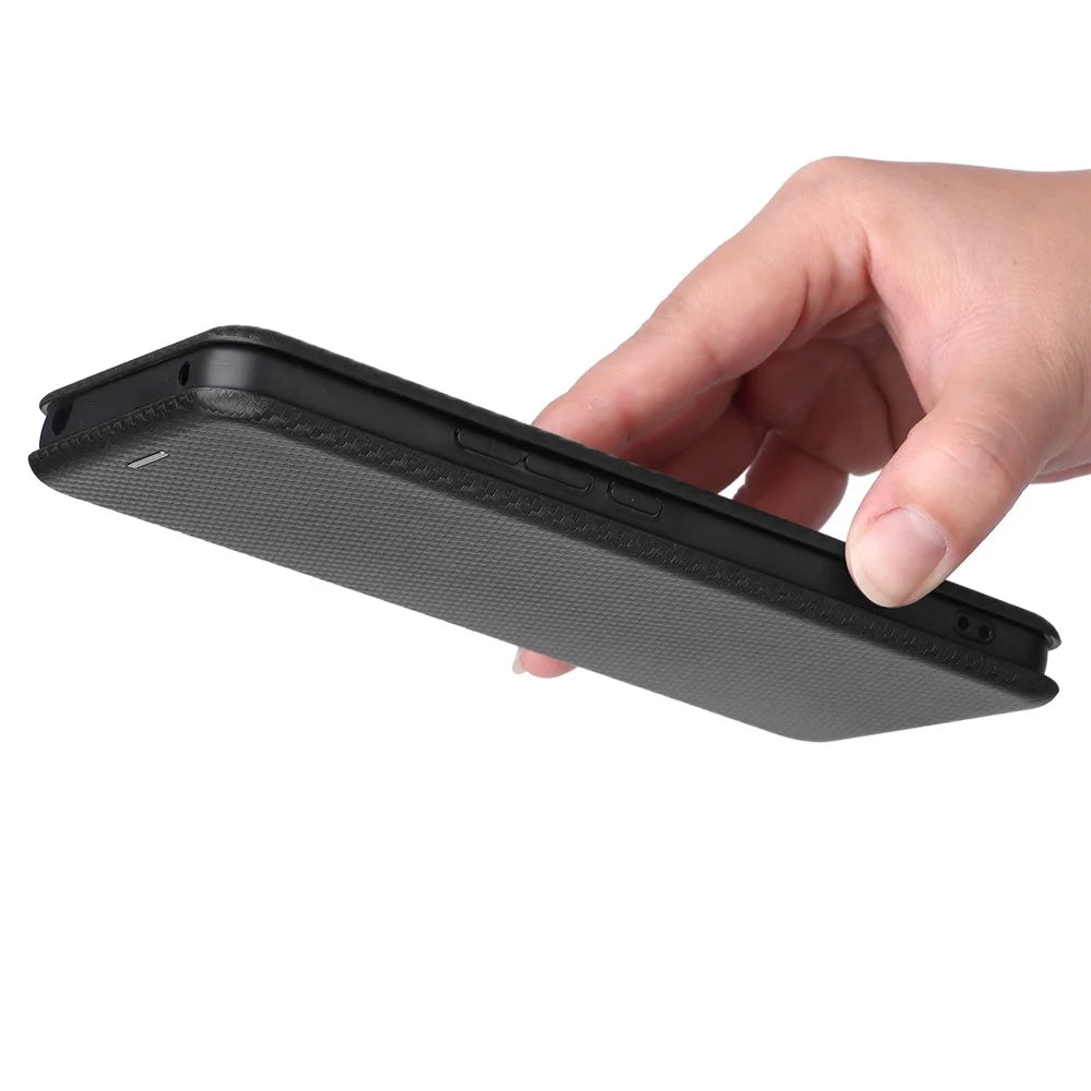 Special Carbon Fiber Texture Card Holder Phone Case Foldable Stand PU Leather Cover for TCL 20 XE - Black - 7