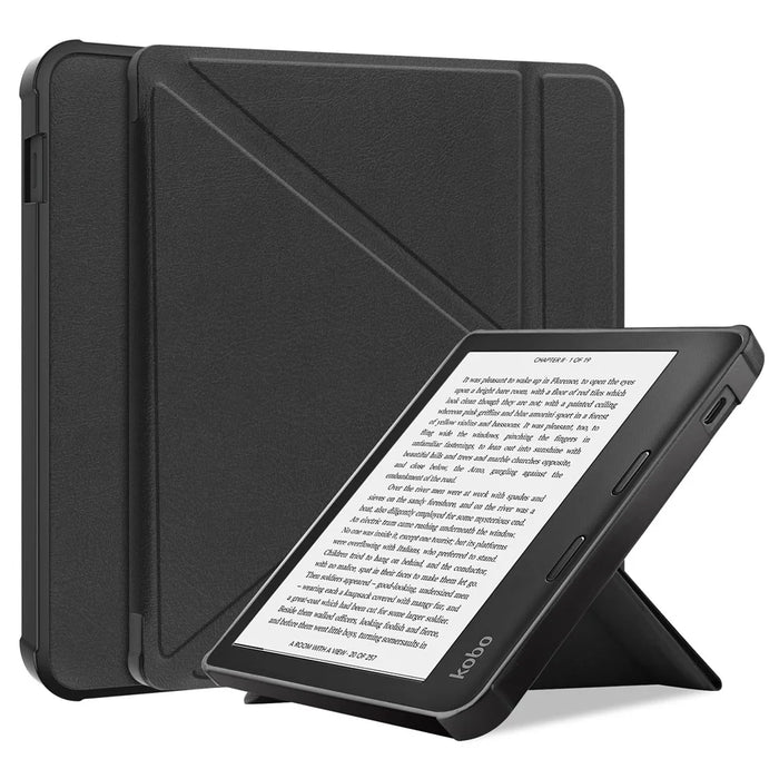 Auto Wake / Sleep PU Leather Case Solid Color Origami Stand E-Reader Cover for Kobo Libra 2 / Libra Colour - Black - 1