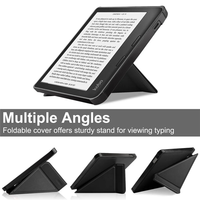 Auto Wake / Sleep PU Leather Case Solid Color Origami Stand E-Reader Cover for Kobo Libra 2 / Libra Colour - Black - 3