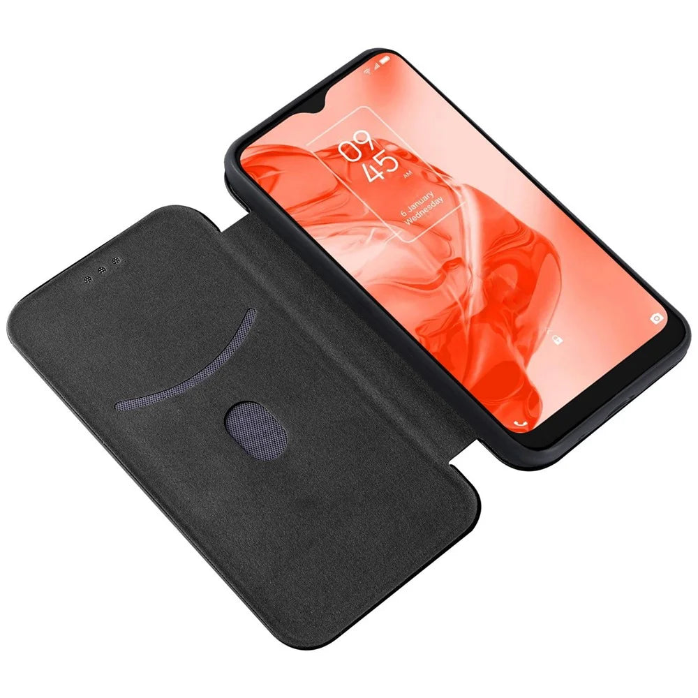 PU Leather Carbon Fiber Texture Full Protection Stand Phone Case with Card Slot for TCL 205 - Black - 5
