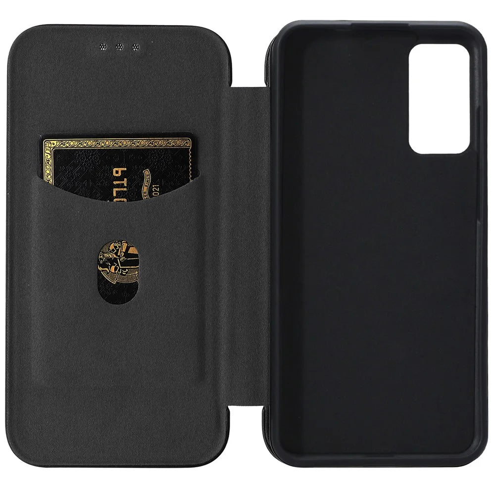 PU Leather Carbon Fiber Texture Full Protection Stand Phone Case with Card Slot for TCL 205 - Black - 6