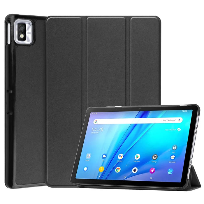 For TCL TAB 10s 9080G (2021) Drop-proof Trifold Stand PU Leather + PC Tablet Cover Case with Auto Wake/Sleep - Black - 1