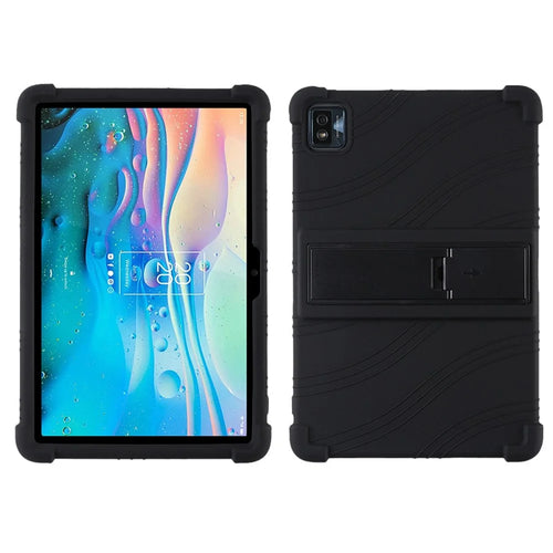 For TCL Tab 10s 9081X PC Kickstand Design Soft Silicone Tablet Cover Enhanced Four Corner Case - Black - 1