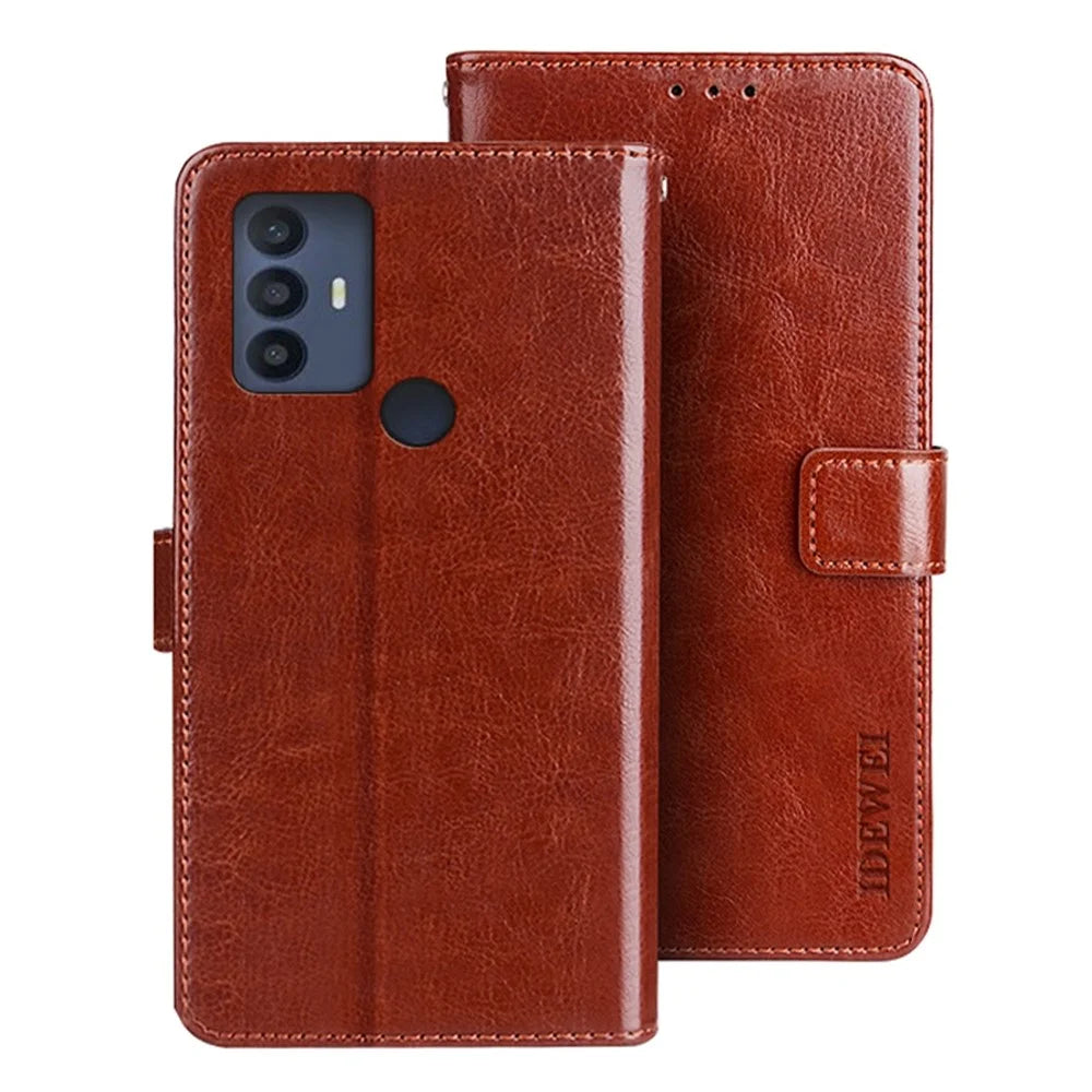 IDEWEI for TCL 30 SE/30E/305/306 PU Leather Case Crazy Horse Textured Wallet Stand Shockproof TPU Magnetic Protect Book Flip Folio Cover - Brown - 1
