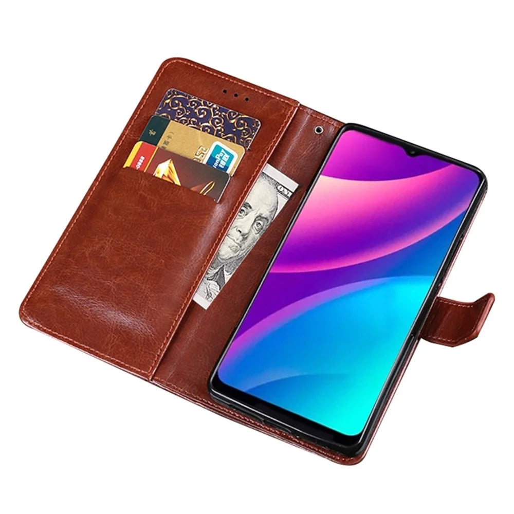 IDEWEI for TCL 30 SE/30E/305/306 PU Leather Case Crazy Horse Textured Wallet Stand Shockproof TPU Magnetic Protect Book Flip Folio Cover - Brown - 2