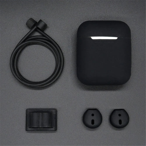 For Apple AirPods 4-in-1 Accessories Shock-proof Silicone Protective Cover + Neck Strap + Earphone Holder + Earbud Cover - Black - 1