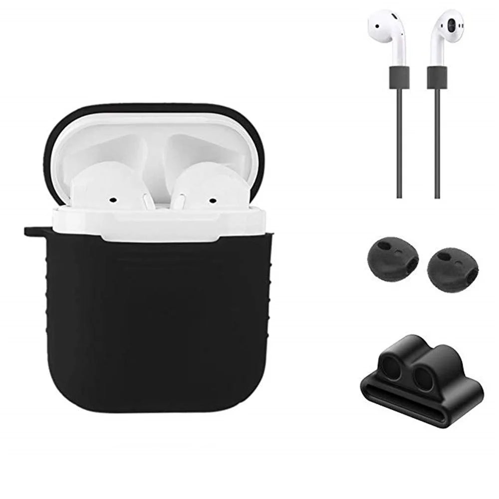 For Apple AirPods 4-in-1 Accessories Shock-proof Silicone Protective Cover + Neck Strap + Earphone Holder + Earbud Cover - Black - 4