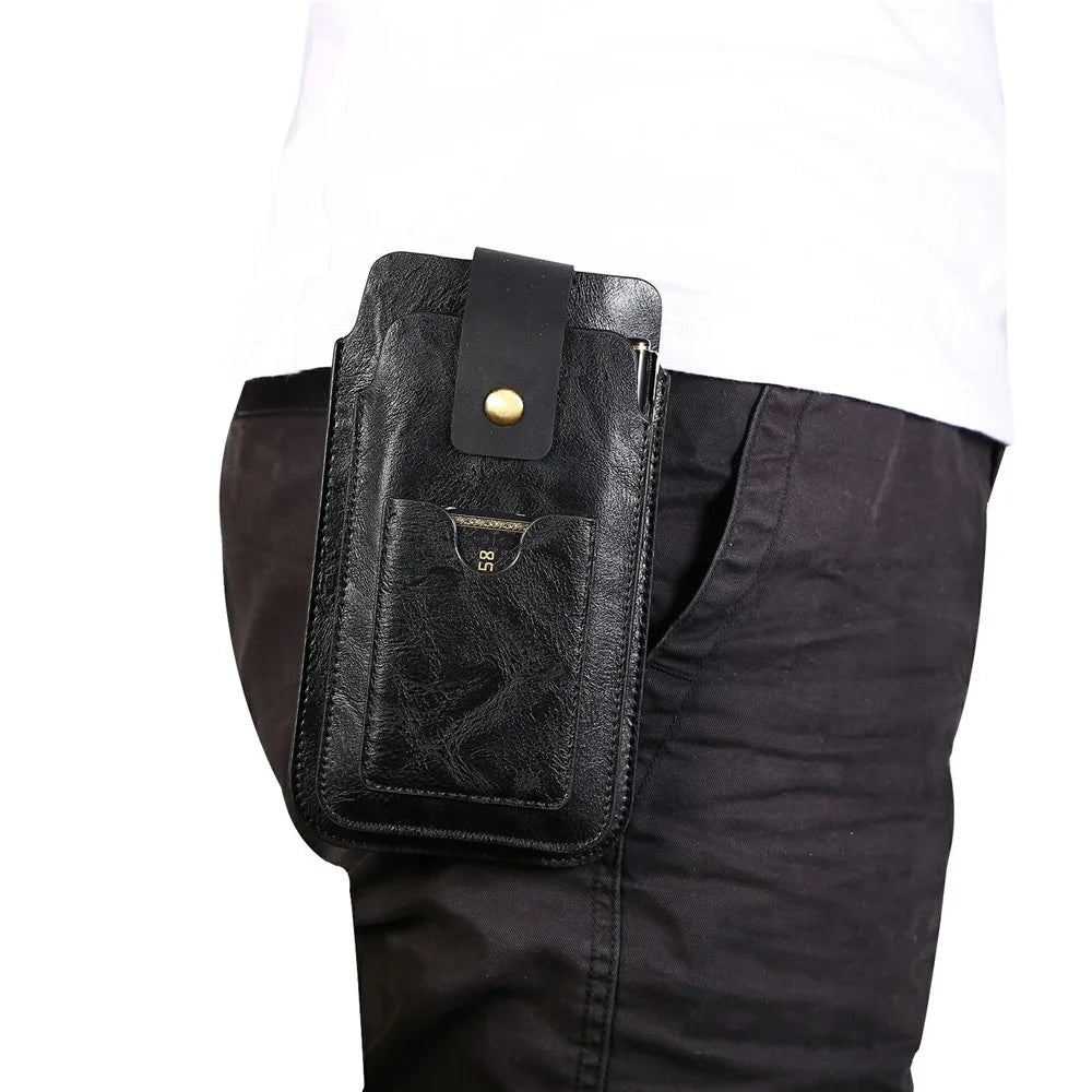 PU Leather Pouch Case Cover with Carabiner for 5.2-6.4 inches Smartphone - Black - 5