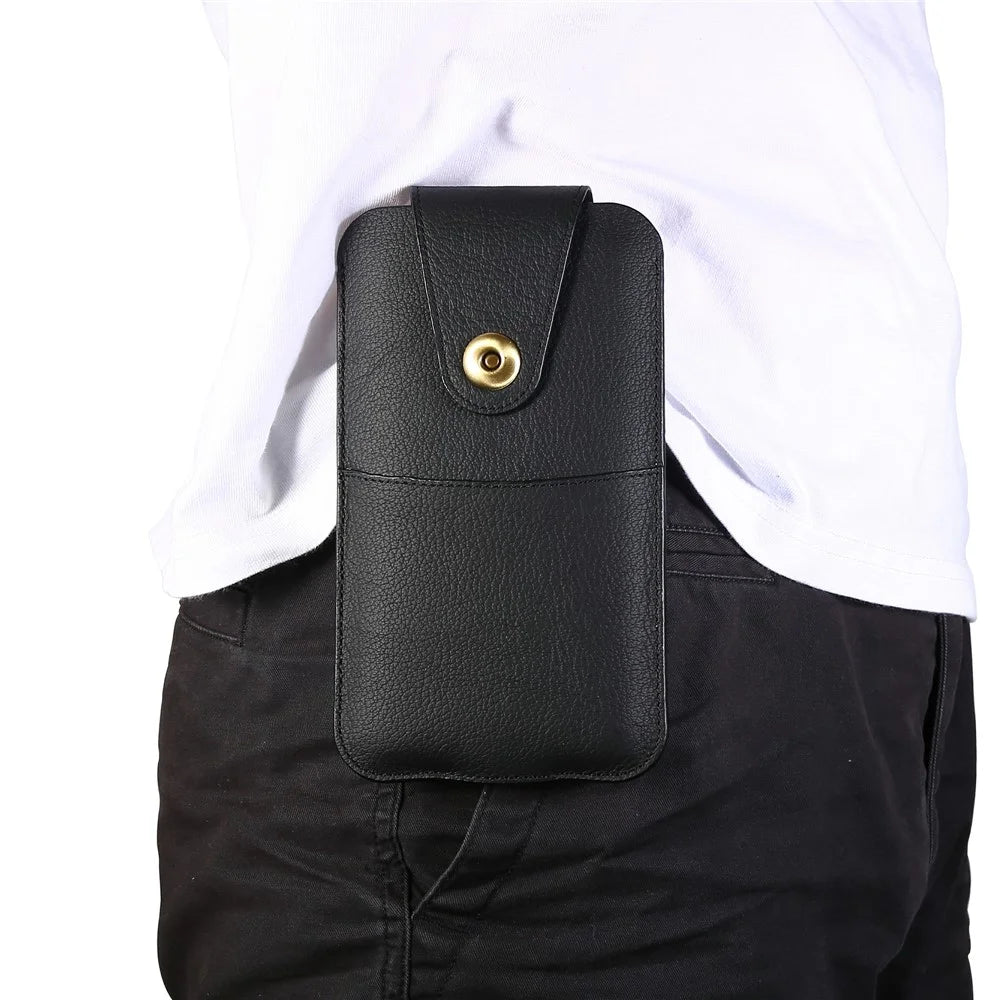 Top Layer Cowhide Leather Waist Pouch for 5.8 inches Smartphones [Simple Type 1] - Black - 5
