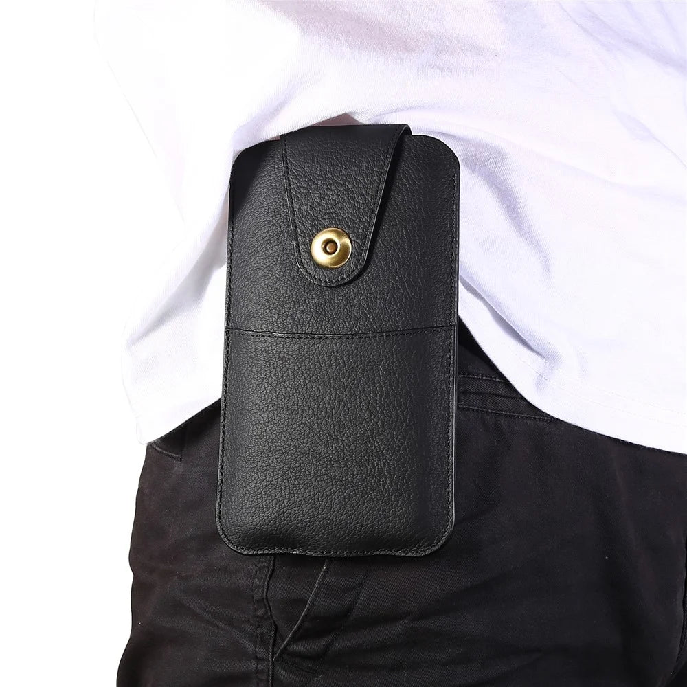 Top Layer Cowhide Leather Waist Pouch for 5.8 inches Smartphones [Simple Type 1] - Black - 6