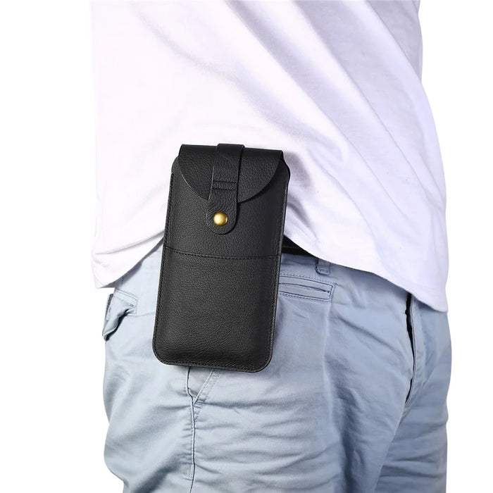 Top Layer Cowhide Leather Waist Pouch for 5.8 inches Smartphones [Simple Type 2] - Black - 6