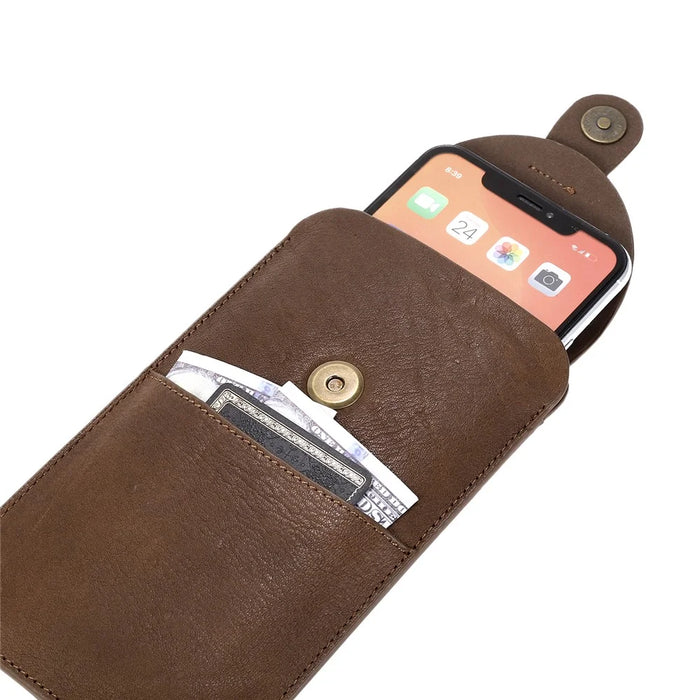Top Layer Cowhide Leather Pouch Case for 6.5 inches Smartphone [Simple Type 2] - Brown - 4