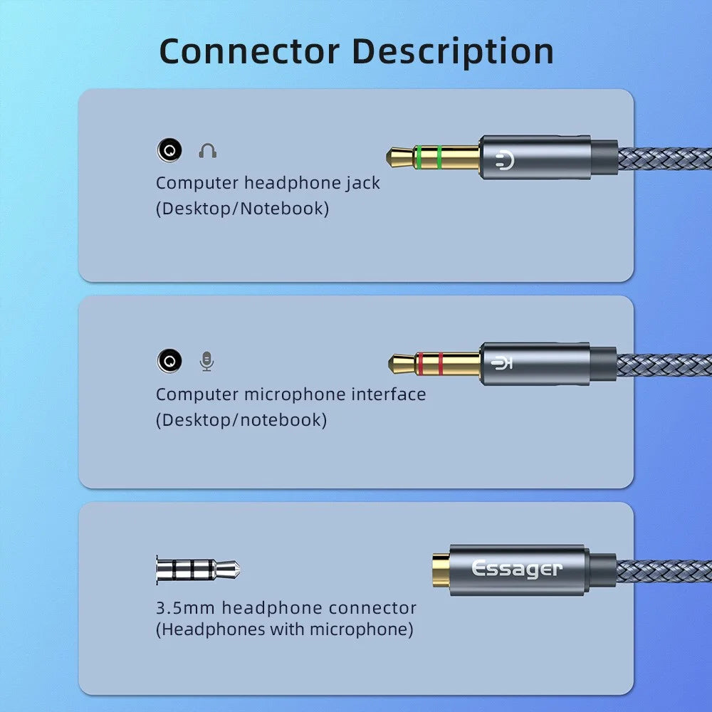 ESSAGER 0.25m 3.5mm Female to Dual 3.5mm Male Mic AUX Audio Y Splitter Cable Headphone Adapter Cord - 3