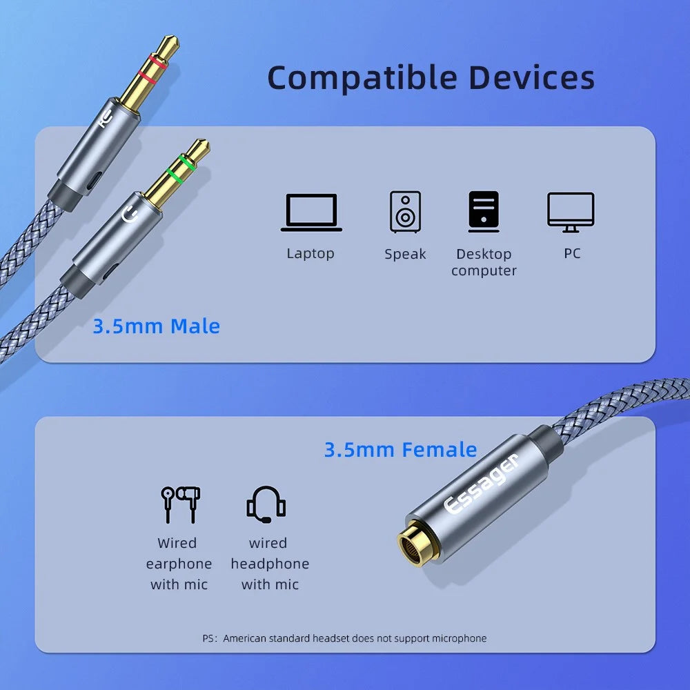 ESSAGER 0.25m 3.5mm Female to Dual 3.5mm Male Mic AUX Audio Y Splitter Cable Headphone Adapter Cord - 4